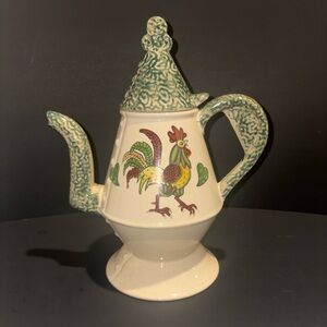 Vintage Heritage Pottery Rooster Coffee Pot Green Spongewear 11.5”